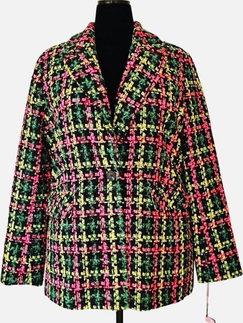 AVEC LES FILLES Women's Multicolor Neon Tweed Single-Button‎ Blazer. Size XL